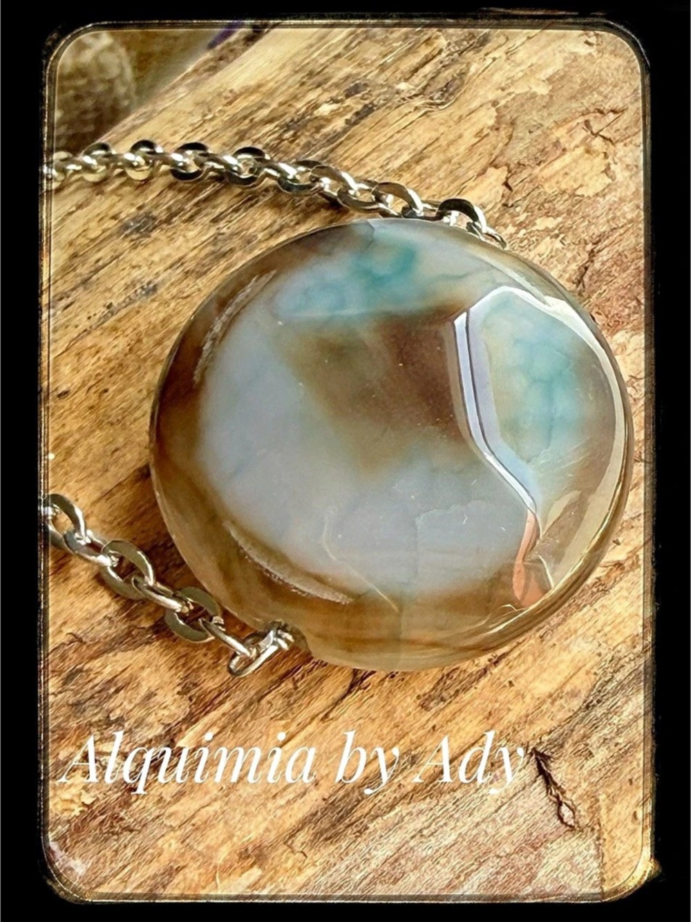 BIG AGATE Blue & Brown Stone Pendant Necklace